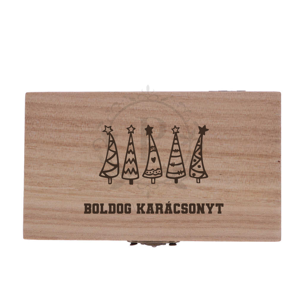 Fa négyzet díszdoboz boldog karácsonyt gravírozással