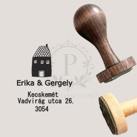   Címpecsét gumibélyegző nemesfa nyéllel - kör alakú - Fekete ház minátval