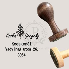   Címpecsét gumibélyegző nemesfa nyéllel - kör alakú - Virág minátval