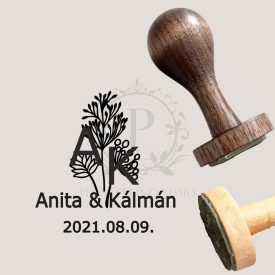   Esküvői gumibélyegző nemesfa nyéllel - kör alakú - Virágos1 mintával