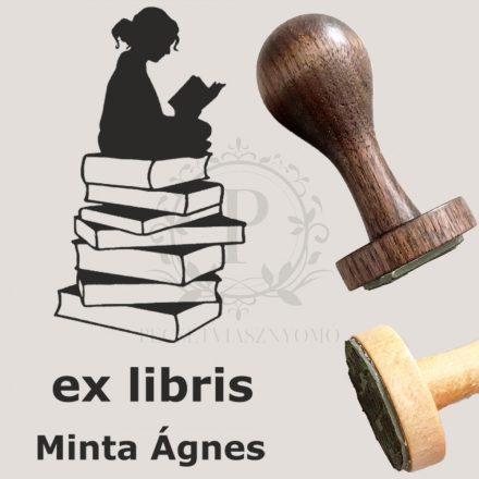 Ex libris gumibélyegző nemesfa nyéllel - téglalap alakú - lány a könyveken mintával